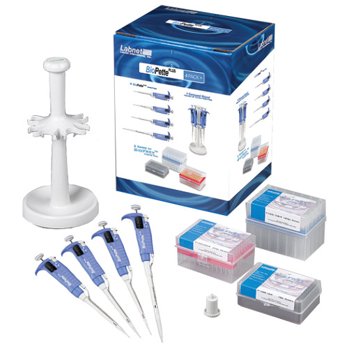 BIOPETTE PLUS 4 PACK PLUS, KIT DE 4 PIPETAS LABNET AUTOCLAVABLE, VOLUMEN 0.5-10UL; 2-20 UL; 20-200UL; 100-1000 UL.. 3 RACKS DE PUNTAS Y CARRUSEL DE 6 PUESTOS.