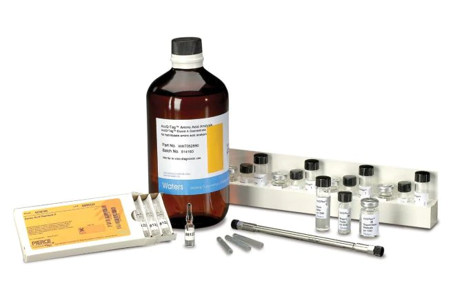 KIT ACCQTAG: ULTRA DERIVACION 250, ACCQTAG COLUMNA 2,1 X 100 mm, ACCQTAG ELUYENTE CONCENTRADO BOTELLA 1 LT, ACCQTAG ULTRA ELUYENTE B BOTELLA 1 LT, TUBOS PARA MUESTRAS, VIALES DE RECUPERACION TOTAL,ESTÁNDAR AMINO ACIDO HIDROLIZADO AccQ TAG PAC DE