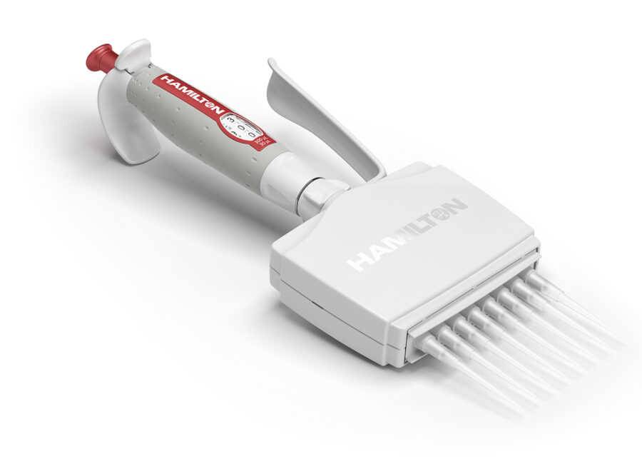 PIPETA MANUAL AJUSTABLE HAMILTON DE VOLUMEN VARIABLE MULTICANAL X 8 DE 30-300uL EN INCREMENTOS DE 0.2 uL COLOR ROJO CARMIN.