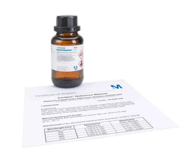 PLATINO COBALTO SOLUCION PATRON DE COLOR (HAZEN 500) DE ACUERDO CON DIN EN ISO 7887 y ASTM D1209 Pt 500 mg/l Certipur®. 250 ML. MARCA MERCK