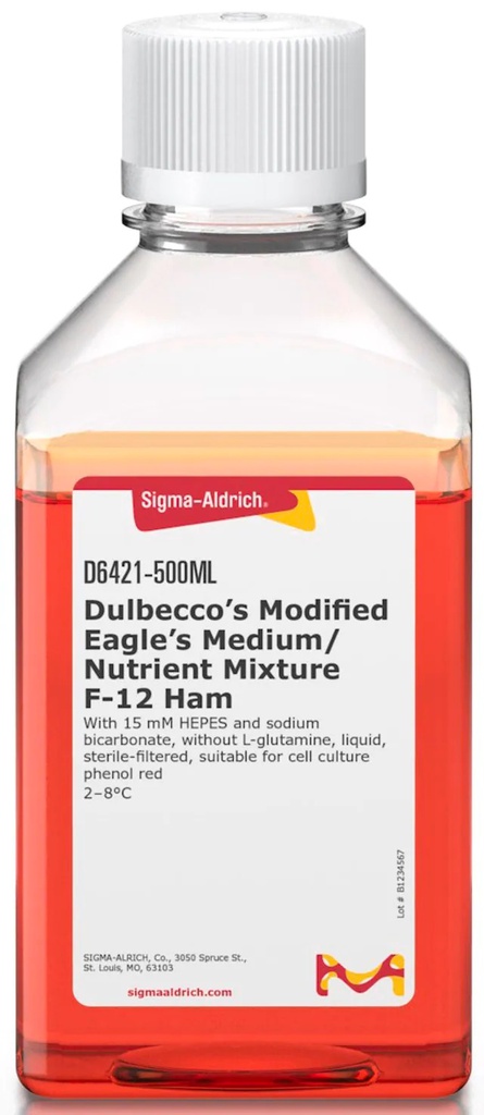 SIGMA DULBECCO'S MODIFIED EAGLE'S MEDIUM/HAM F-12, CON 15 mM HEPES Y BICARBONATO DE SODIO, SIN L-GLUTAMINA, LÍQUIDO, FILTRADO-ESTÉRIL, APTO PARA CULTIVO CELULAR - 6X500ML